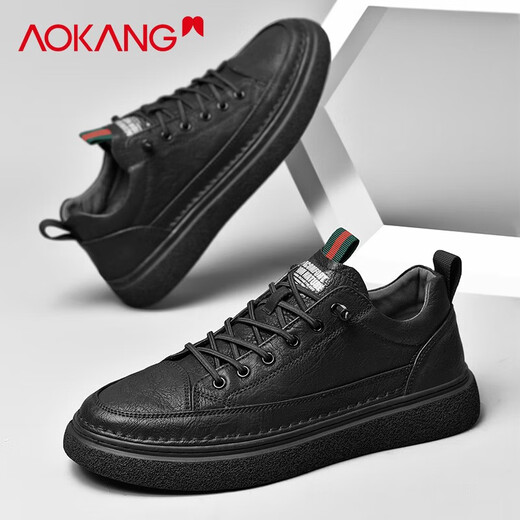 Aokang shoes men's 2025 new winter business casual genuine leather shoes men's comfortable British style thick sole sneakers men's shoes black 40