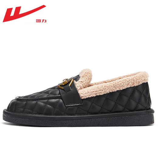 Warrior official beanie shoes for women, winter cold-proof and warm cotton shoes, furry shoes, slip-on loafers, black 38