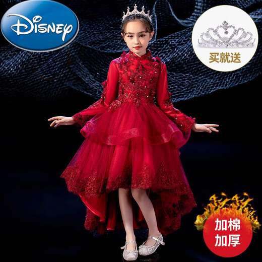 Disney (Disney) flower girl dress girl wedding dress girl princess skirt white puffy yarn show little host piano performance suit T20-red-long sleeves plus cotton [+ crown] 130cm