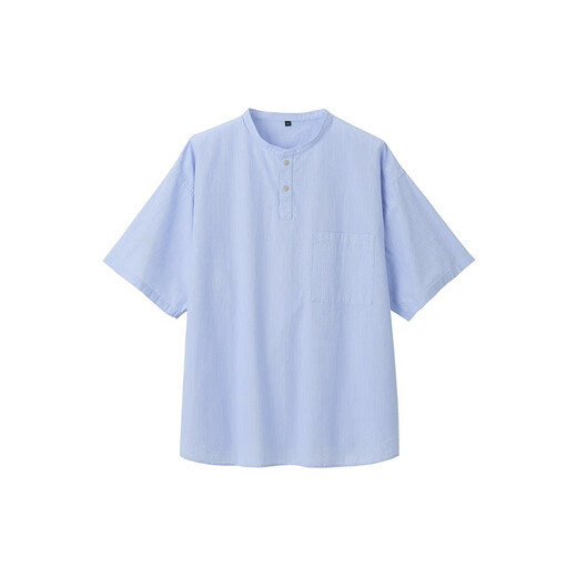 MUJI men's cool henley collar short-sleeved T-shirt casual versatile henley shirt men's bottoming shirt pure cotton sky blue stripes XXL (185/112A)
