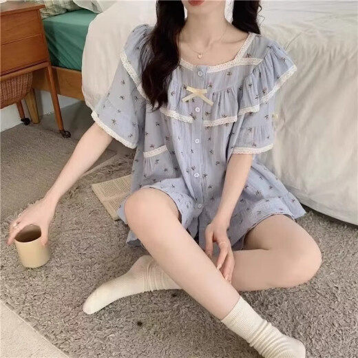 另约2024新款睡衣女夏季棉质短袖田园风碎花少女生甜美夏天薄款家居服 M1283LA 小粉花 蓝色 L
