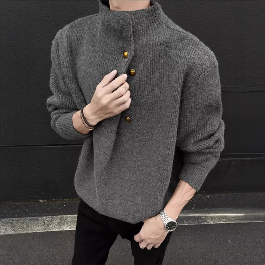 Yiran presents irregular button design turtleneck sweater for men, Korean trendy brand, handsome and lazy oversize sweater top, gray XL, recommended 140-160Jin Jin is equal to 0.5 kg