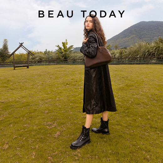 Beautoday Botas de cuero de cuero genuinas de suela gruesa Botas para mujeres Retro Style British Tube Boots Boots Gris Knight Boots Pequeñas botas elevadas para mujeres Classic Black 36