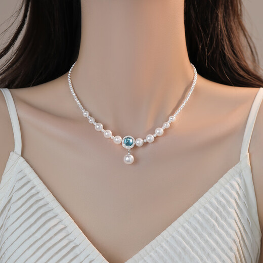 Yican Shijia Sapphire Light Luxury Imitation Pearl Necklace Female Niche Design Advanced Clavicle Chain 2025 New Hot Style Necklace Pearl Necklace