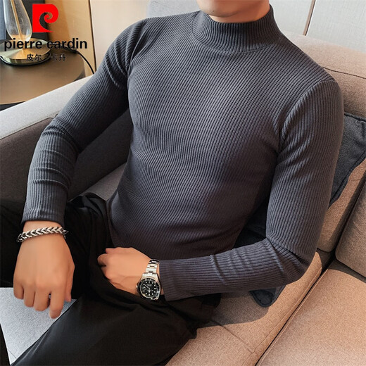 Pierre Cardin men's half turtleneck long-sleeved T-shirt spring and autumn thin slim fit mid-collar bottoming shirt with tight inner top knitted black 2XL one size too small