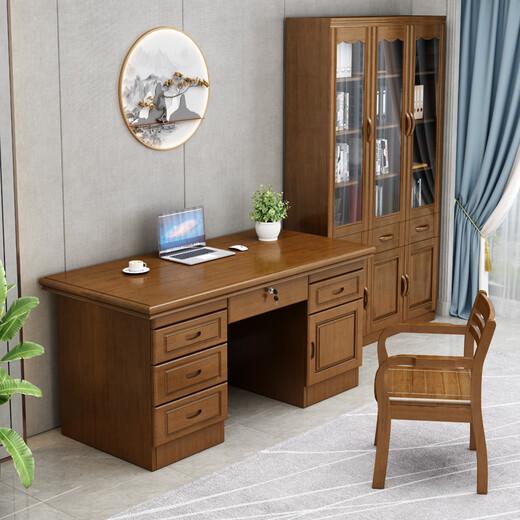 Rulan solid wood desk computer desk boss desk and chair combination new Chinese style home office writing solid wood desk 1.4m boss desk (walnut color)