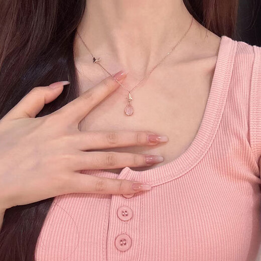 YIZUN. CHOMEL Butterfly Pink Crystal Necklace Women's 999 Pure Silver Light Luxury Niche High-end Clavicle Chain for Valentine's Day Gift to Girlfriend 999 Pure Silver-Butterfly Pink Crystal Necklace