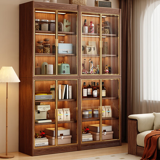 Small wooden sideboard integrated wall cabinet black walnut solid wood wine cabinet living room storage cabinet storage cabinet 1.6 meters three-door sideboard-without light combination
