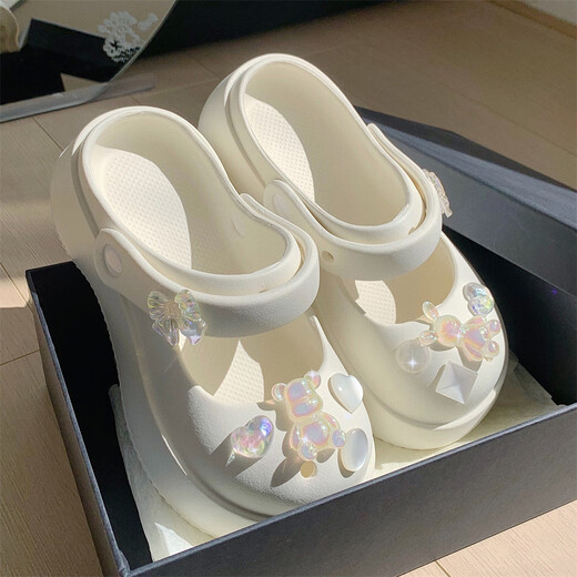 细细条（XIXITIAO）仙女洞洞鞋春夏时尚网红外穿甜美水钻玛丽珍拖鞋沙滩鞋ins 奶油白 35-36