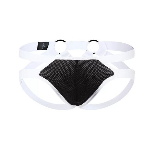 Low-waist gay men's thong breathable hollow fun double butt U convex color-blocked ice silk sexy underwear for men old black S90-115