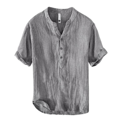 Good Bull (Haobuyi) Sommer Dünnes Leinen kurzärmeliges Freizeit-T-Shirt für Herren-Stand-up-Kragenpullover Nationaler Trend Largegroße Presse, gefärbtes großes Stand-up-Kragen Khaki XL