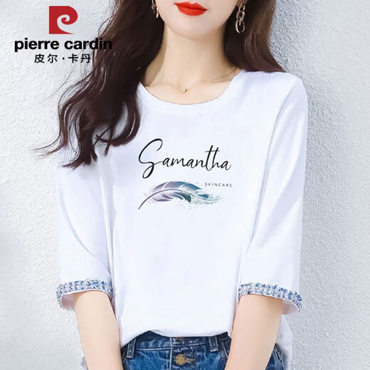 
Pier Cardin 2025 new spring and autumn pure cotton 700-quarter sleeve T-shirt for women's mid-sleeved loose design youth short-sleeved summer top W6172 ice blue mid-sleeved L (recommended 105-120 Jin [Jin equals 0.5 kg])