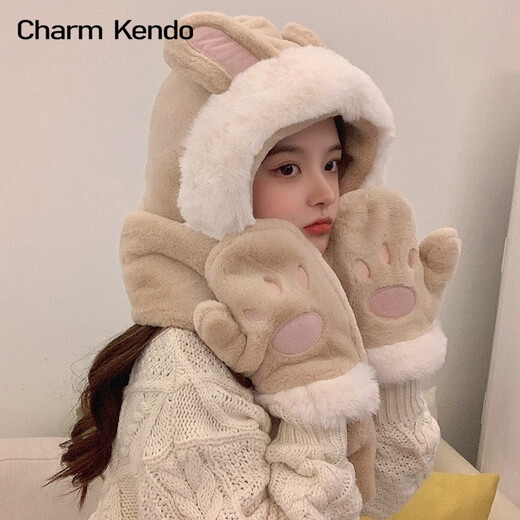 Charm Kendo hat and scarf for women all-in-one suit winter scarf and gloves for women to keep warm New Year's birthday gift for girls, practical gift for girlfriend and wife, white