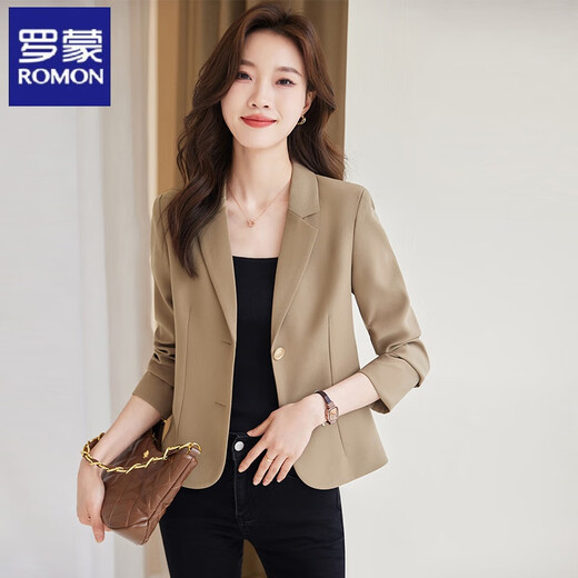 ROMON coffee color short small suit jacket for women spring and autumn 2025 new style ladies casual small suit top off-white L recommended 105-115 Jin Jin equals 0.5 kg