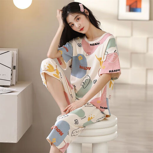 浪莎（LangSha）睡衣女夏季短袖七分裤加大宽松春夏天可外穿卡通可爱家居服套装 短袖七分裤673 3XL _建议135-150斤穿