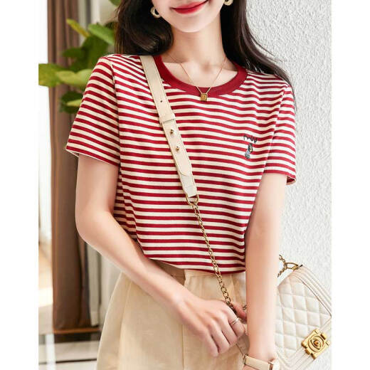 Demana (dme) design embroidered spring and summer new round neck striped micro-pearl mesh short-sleeved T-shirt tops for women Chinese red M