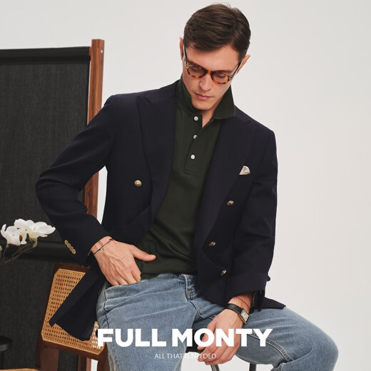 FULL MONTY海军蓝布雷泽休闲西装外套男士纯羊毛西服轻商务单西 双排金扣6691 48
