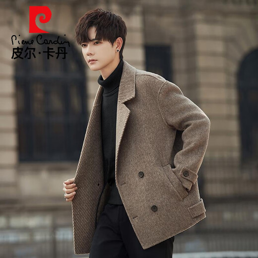 Pierre Cardin high-end double-sided woolen coat for men 2025 new winter woolen coat short double-breasted thickened woolen gray 3XL 190