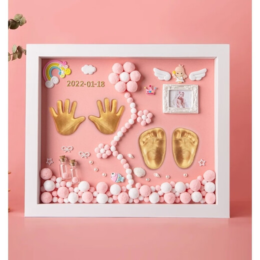 Full Moon Commemorative Hands and Foot Prints Mud Photo Frame Fetal Umbilical Cord Newborn Baby One Hundred Days Hands and Foot Prints Baby Years Old Gift Solid Wood 12-inch [Bright Life] Pink Gold Paint