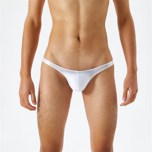 Sexy underwear silky smooth and translucent oily shiny silky super low waist men's thong t-pants sexy and interesting white M