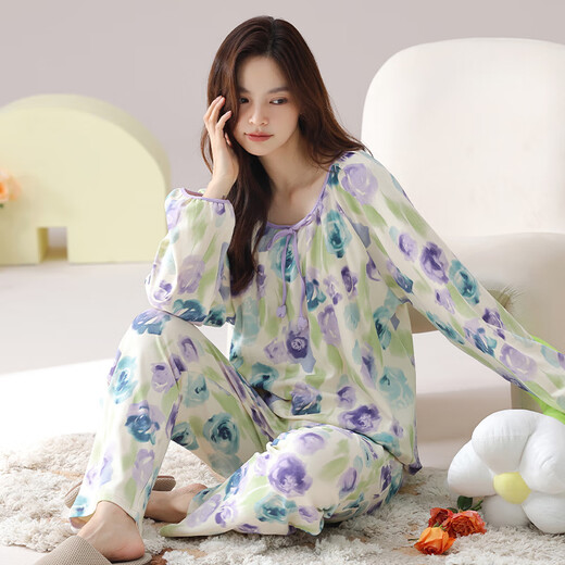 喏雅珘长袖睡衣套装女棉自带胸垫一体春秋季可外穿冬天大码家居服宽松 HRY1049 M码(建议75-95斤)