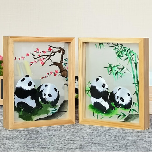 Laoxiuguan Shu embroidery panda double-sided embroidery ornaments crafts Chinese-style gifts for foreigners souvenirs Beech wood frame-Bamboo Panda (JD shipment)