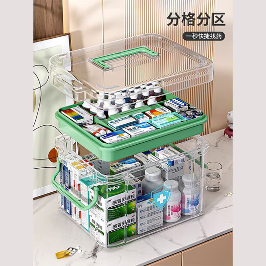 EACHY medicine box household medicine box transparent plastic storage box green extra large two-layer