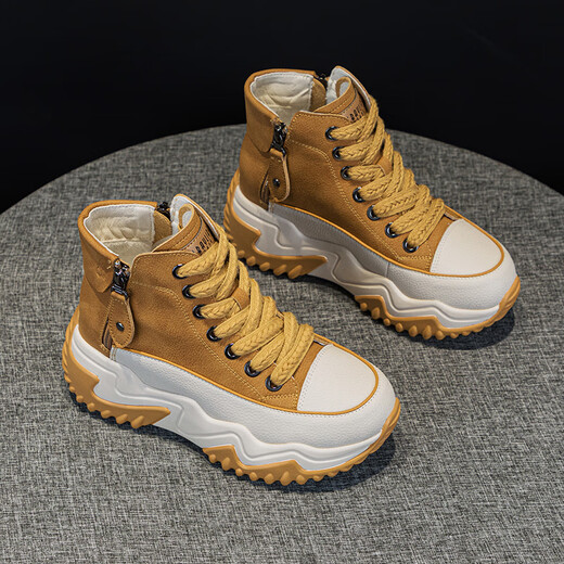 OTMX Dad Schuhe Frauen lässige Schuhe Cowide High Top Frauenschuhe 2025 Frühling und Herbst Neue, vielseitige, dick-lockige Reise-Sneakers 677 Beige Plus Velvet 36