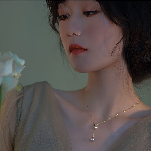 Xiaomeng double pendant freshwater pearl necklace young girl natural two beads clavicle chain y-shaped can be pulled and adjusted