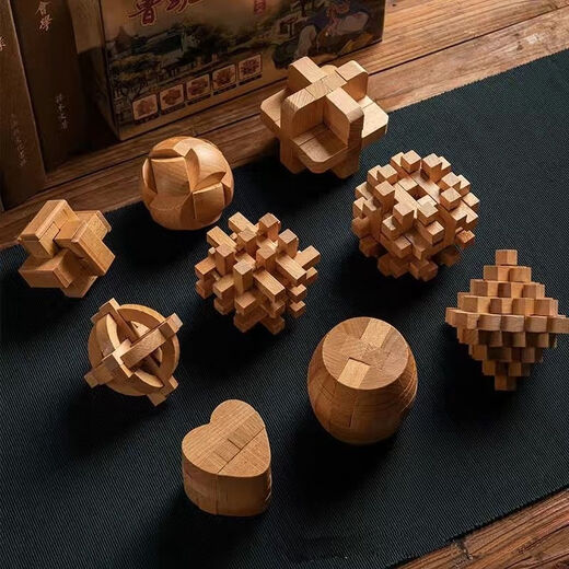 Liuxia Luban Lock 10-15 Jahre altes Set von Kongming-Lock-Buche-Leichen- und Zapfenentwicklung intellektuelles Spielzeug pädagogischer Kinder und Studenten [High-End-Geschenk] Holzbox D.