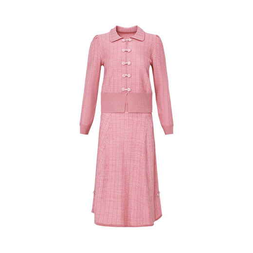 Dema Shi New Gentle and Elegant Chinese Style Button Lapel Knitted Jacket and Skirt Suit for Women Pink XL