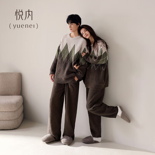 Yuenei Half Velvet Couple Pajamas Women's Autumn and Winter Coral Velvet Plus Velvet Warm Home Clothing Men's Pullover Set 34244 Tea Brown Men's L (Male 110-140 Jin Jin equals 0.5 kg / Female 110-120 Jin Jin equals 0.5 kg)