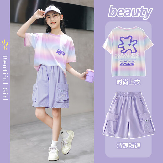 
NICKYBABY Girls Short Sleeve Set Summer Thin Children 2025 New Quick-Drying Sportswear Children's Clothing Two-Piece Set Summer Clothing 10 Years Old 9922 White + 18442 Purple 150 cm