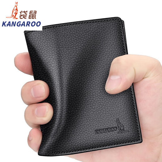 袋鼠（KANGAROO）钱包男士短款眞皮皮夹子竖款2024新款潮拉链牛皮加厚钱夹 黑色