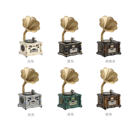 欧蒂诺 迷你留声机造型蓝牙音箱音响双喇叭重低音炮插卡便携式小型播放器不可放唱片插电款 101胡桃色