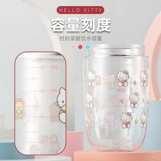 凯蒂猫夏天水杯Tritan材质高颜值男女带吸管杯女生大人网红可爱便携壶 1365-蓝色 500ml 1个