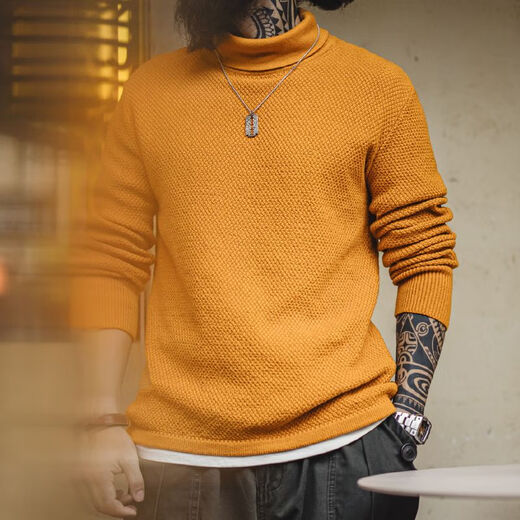 Maden workwear American casual pineapple pattern turtleneck sweater for men in winter yellow base pullover inner warm sweater Yellow XL