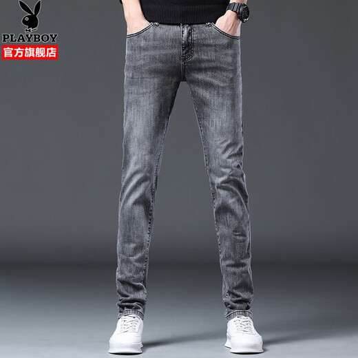 花花公子（PLAYBOY）牛仔裤男修身夏季潮流通勤做旧小脚裤四面弹力休闲百搭长裤 1048灰色四季款 30