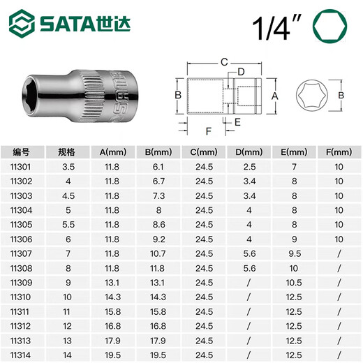 世达小飞套筒6.3mm六角1/4接口5/6/7/8/9/10/11/12/13/14mm套筒头 11303/4.5mm