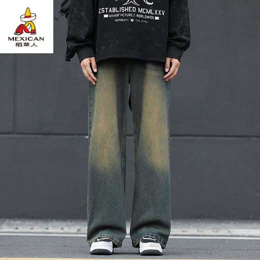 Vogelscheuche (mexikanische) Herrenwaschungsjeans für Jungen gerade locker 2024 neue drapierte Weitbeinhosen für Männer Winter plus Samt 1047 Nostalgische Farbe s