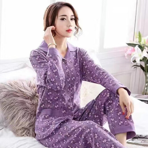 俏丽雅（qiaoliya）睡衣女春秋季纯棉长袖套装中老年妈妈加大薄款可外穿家居 854 XL 120-140斤