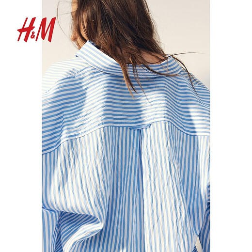 H&M women's shirt spring lapel long-sleeved simple air-conditioning shirt striped printed top 1239275 blue/white striped S 160/88