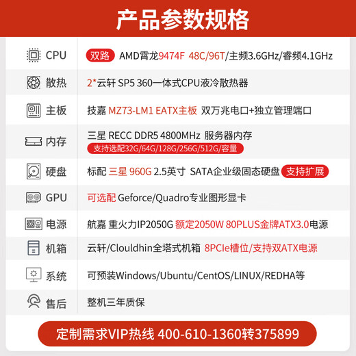 cloud hin双路AMD霄龙9654/9754科学仿真计算DeepSeek本地部署图形工作站/CPU渲染/有限元分析工作站主机 双路霄龙9474F 3.6G 96核192线程 RTXA6000 4