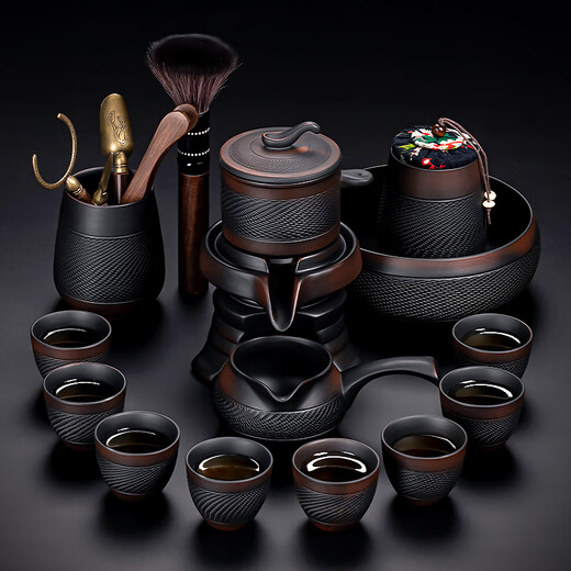 Zhengyang Purple Pottery Automatic Tea Set Office High-end Complete Set Lazy Kung Fu Cup Tea Tray Anti-scalding Teapot Business Gift Purple Pottery Automatic (Jumping Grain) 8 Cups + Tao Can Washable Long Beard Black