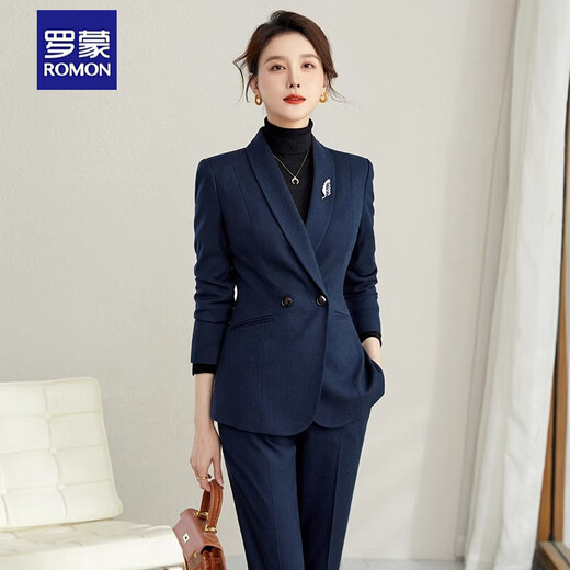 ROMON suit suit slim and fashionable high-end autumn and winter gold store shopping guide suit women's formal jacket professional work clothes navy blue suit jacket + pants S