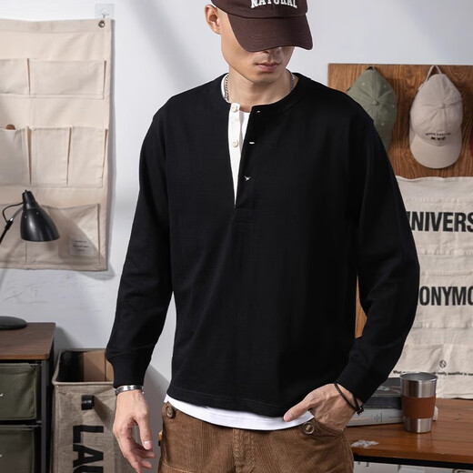 Kuraishi Kazuki Japanese fashion brand pure cotton Henley collar long-sleeved T-shirt men's bottoming shirt autumn and winter loose sweatshirt Henley top men sand gray XL