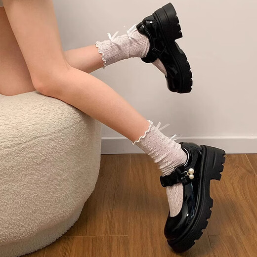 Xier round toe Mary Zhen small leather shoes thick heels high heels black jk shoes Lolita with skirt autumn single shoes women Mary Zhen small leather shoes black 36