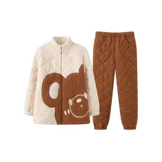 Fenten couple's pajamas autumn and winter quilted plus velvet stand-up collar anti-static long-sleeved pajamas set cartoon bear home clothes off-white-women's M