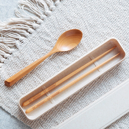 Half-life portable tableware, Japanese-style wooden chopsticks and wooden spoon set, wooden chopsticks and spoons with storage box, student and children's travel tableware, beech wood chopsticks and spoons two-piece set