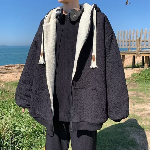 Huangzhen imitation lamb velvet cotton coat men's hooded jacket autumn and winter men's Hong Kong style loose jacket plus velvet thickened casual cotton coat white plus velvet single piece XL 120-140Jin Jin equals 0.5 kg